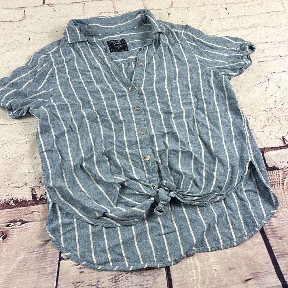 Abercrombie & Fitch Shirt Womens Small Button Up Top Striped Knot Hem Linen Blue